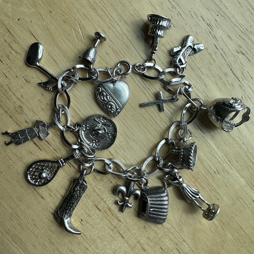 VTG Charm Bracelet 6.5 Inch Sport Western Cross Heart Travel 925 Sterling 37.6g
